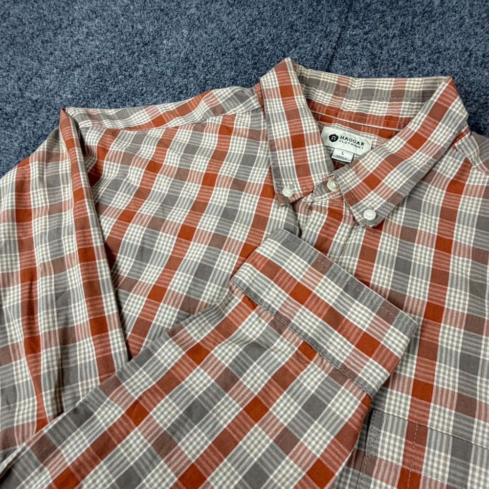 Haggar Clothing Mens Large Plaid Button Down Shirt Orange Grey Long Sleeve L